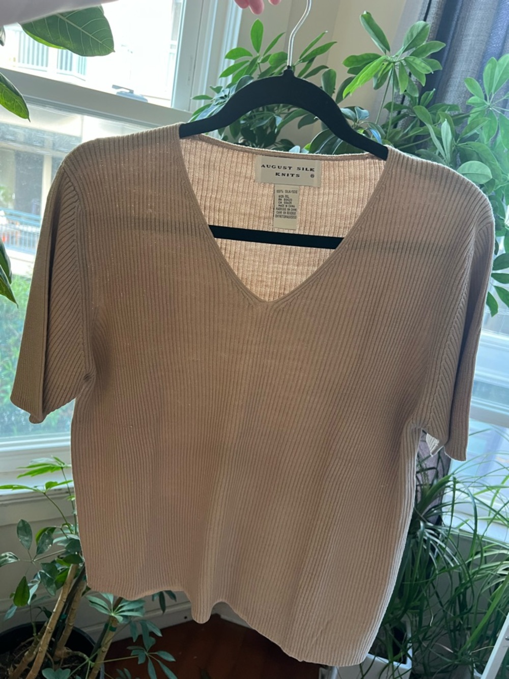 August Silk - 100% Silk Knit V-Neck Short Sleeve Top - Taupe Size XL